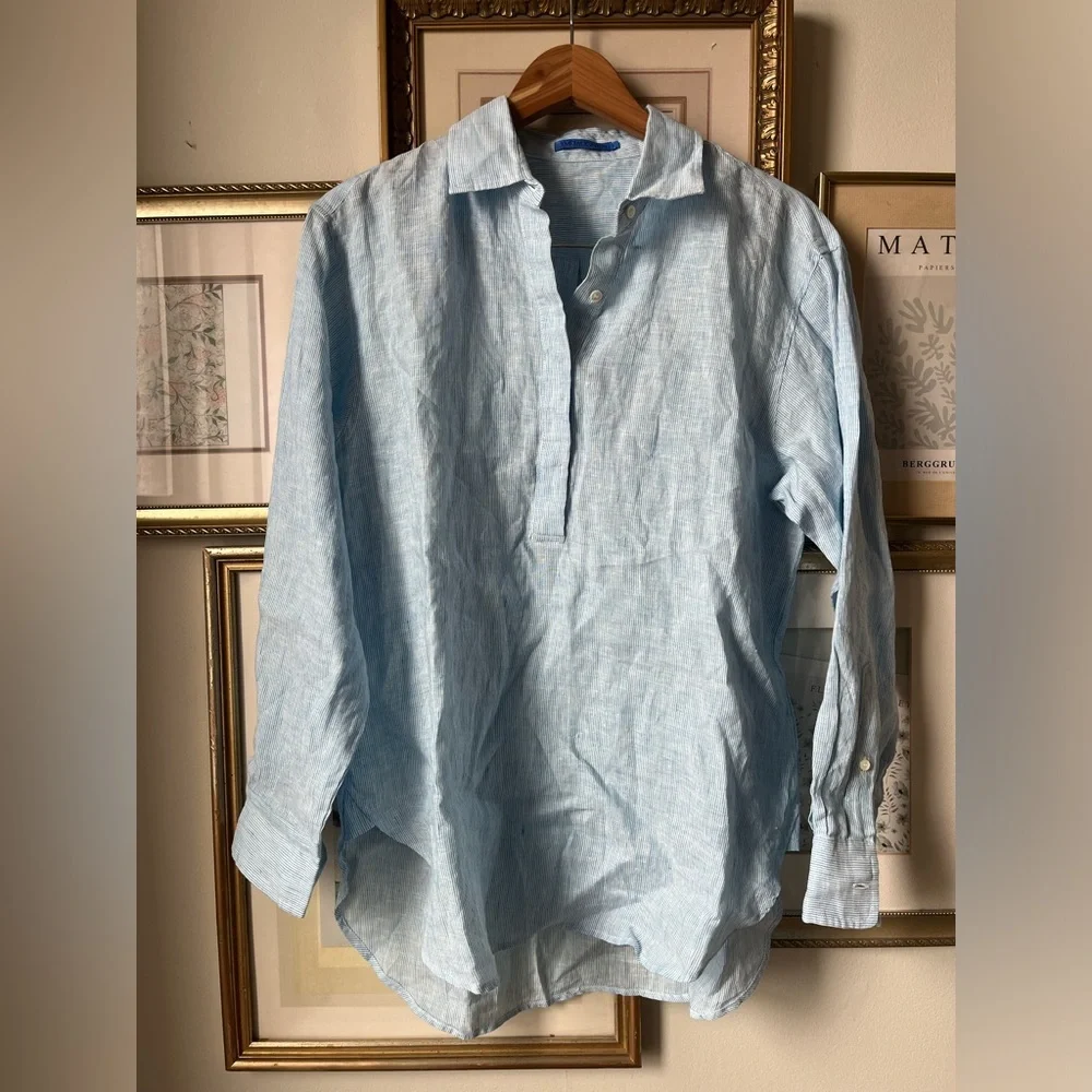 J. McLaughlin 100% Linen Quarter Button Up Blouse Top Blue Large - Picture 3 of 11
